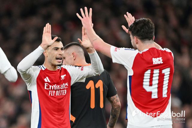 사진=게티 이미지/아스널은 23일 오전 4시(한국시간) 영국 런던에 위치한 에미레이츠 스타디움에서 열린 2024-25시즌 유럽축구연맹(UEFA) 챔피언스리그(UCL) 리그 페이즈 3차전에서 샤흐타르에 1-0으로 승리했다.
