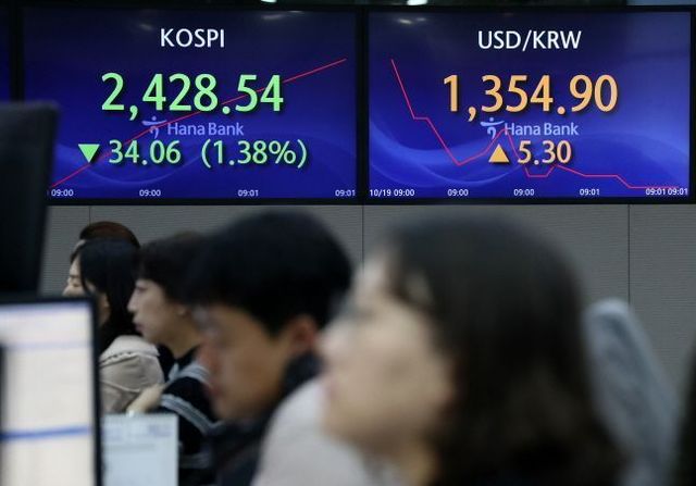 19일 오전 서울 중구 하나은행 딜링룸 전광판에 코스피지수와 원·달러 환율이 표시돼 있다.ⓒ뉴시스