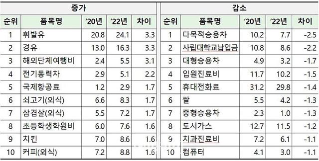 2020년 대비 2022년 가중치 증감 주요 10개 품목 현황. ⓒ통계청