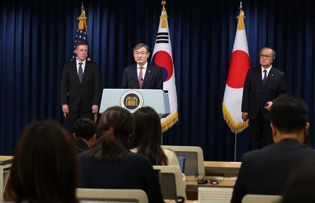 조태용 국가안보실장이 9일 오전 서울 용산 대통령실 청사에서 열린 제이크 설리번 미국 백악관 국가안보보좌관, 아키바 다케오 일본 국가안전보장국장과의 한미일 안보실장회의 공동 브리핑에서 발언하고 있다. ⓒ연합뉴스스