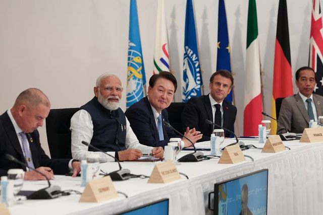 윤석열 대통령이 20일 히로시마 G7 정상회의장인 그랜드프린스호텔에서 열린 주요 7개국(G7) 정상회의 확대세션에 참석해 있다.(공동취재) ⓒ뉴시스