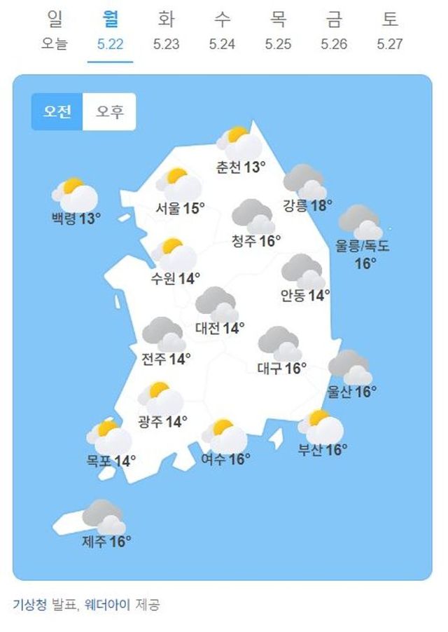 22일 아침 최저기온은 11~18도, 낮 최고기온은 20~27도를 가리키겠다.ⓒ네이버날씨