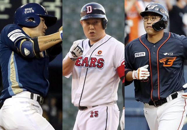 장기 계약 첫 해부터 특급 활약을 선보이는 박민우(왼쪽부터)-양의지-채은성. ⓒ 뉴시스