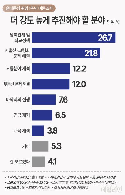 윤석열 정부가 더욱 강도 높게 추진해야 할 분야를 물은 결과, 남북관계 및 외교정책이 26.7%로 가장 많이 꼽혔다. ⓒ데일리안 박진희 그래픽디자이너