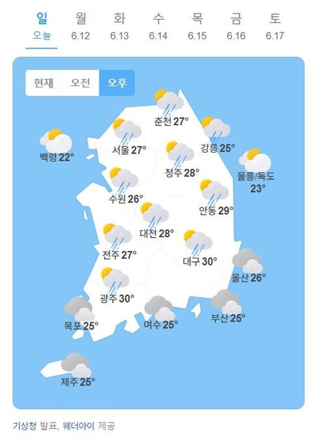 11일 아침 최저기온은 17~21도, 낮 최고기온은 22~29도로 예상된다.ⓒ네이버날씨