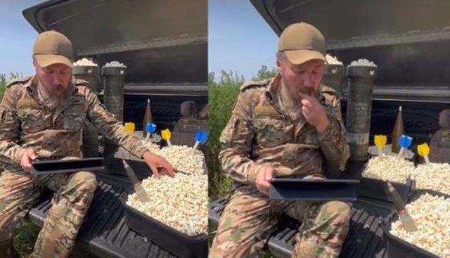 우크라이나 드론부대 사령관 로버트 브로디가 24일 팝콘을 먹으며 러시아 무장 반란 사태를 태블릿PC로 보고 있는 모습의 영상이 트위터에 올라왔다. ⓒ 트위터 캡처
