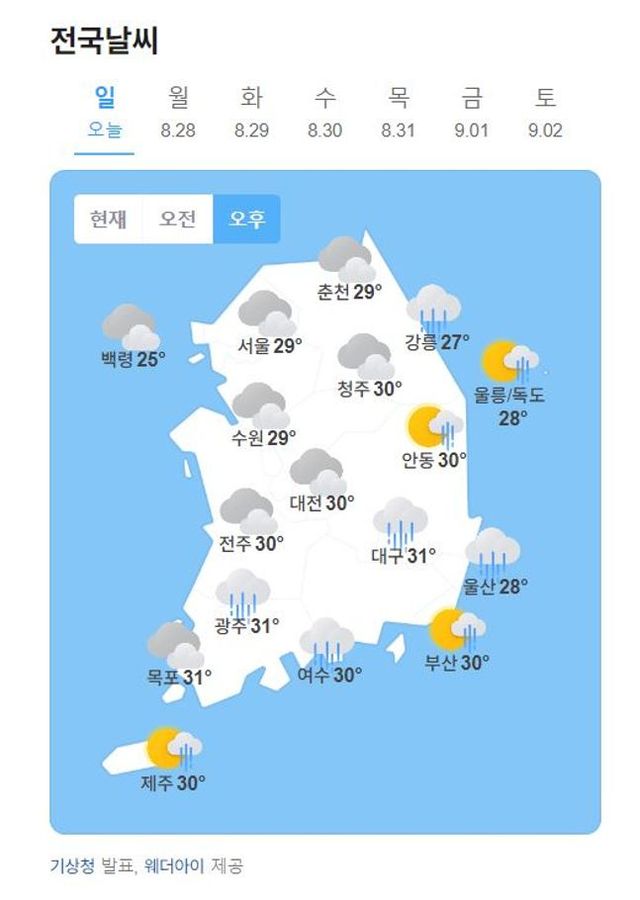 일요일인 27일 아침 최저기온은 19~25도, 낮 최고기온은 25~32도로 예보됐다.ⓒ네이버날씨