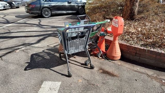 아파트 단지 내에 방치된 쇼핑카트ⓒ데일리안 김인희 기자
