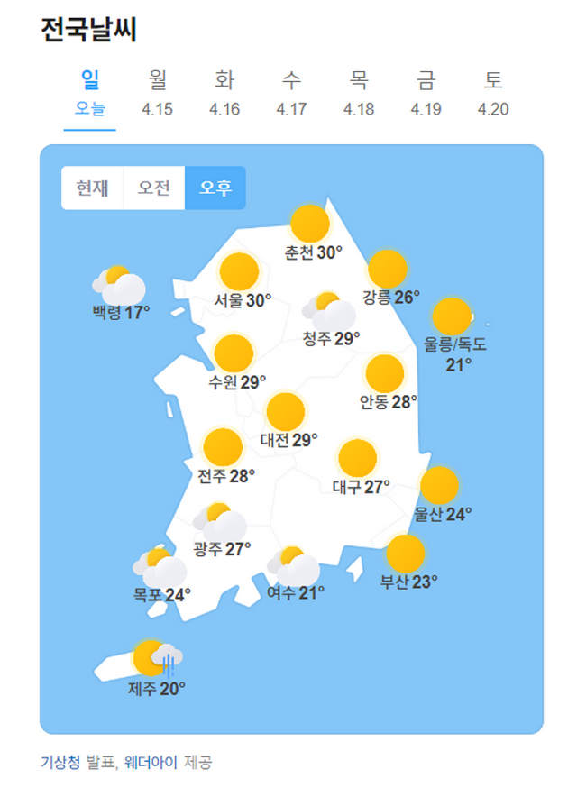 일요일인 14일 아침 최저 기온은 8~15도, 낮 최고 기온은 21~30도로 예상된다.ⓒ네이버날씨