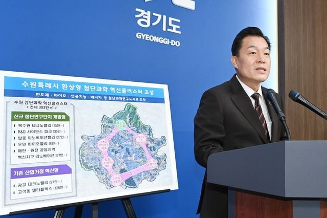 이재준 수원시장이 지난달 26일경기도청에서 열린 ‘북수원 테크노밸리 개발구상 발표’에서 수원시의 첨단과학 혁신클러스터 조성계획을 설명하고 있다.ⓒ수원시 제공