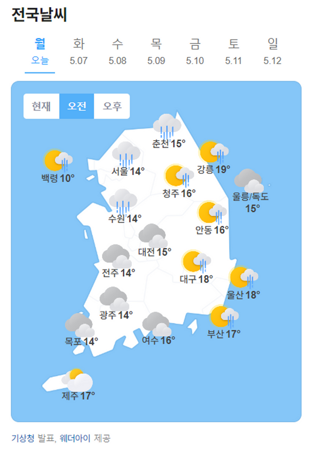 6일 아침 최저기온은 13~19도, 낮 최고기온은 15~25도를 오르내리겠다.ⓒ네이버날씨