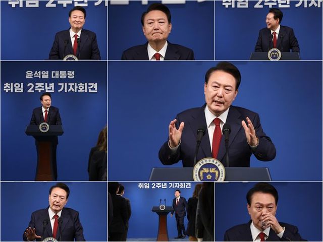 윤석열 대통령이 9일 오전 서울 용산 대통령실 청사 브리핑실에서 취임 2주년을 맞아 기자회견을 하고 있다. ⓒ연합뉴스