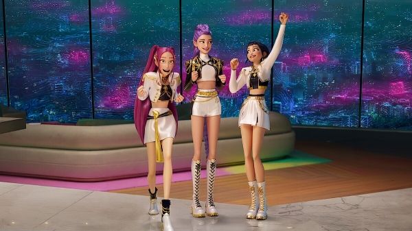 주인공 ‘헌트릭스’는 전 세계적으로 인기를 끌고 있는 K팝 걸그룹 멤버이자 악령을 물리치는 숨은 영웅들로 등장한다. ⓒ넷플릭스