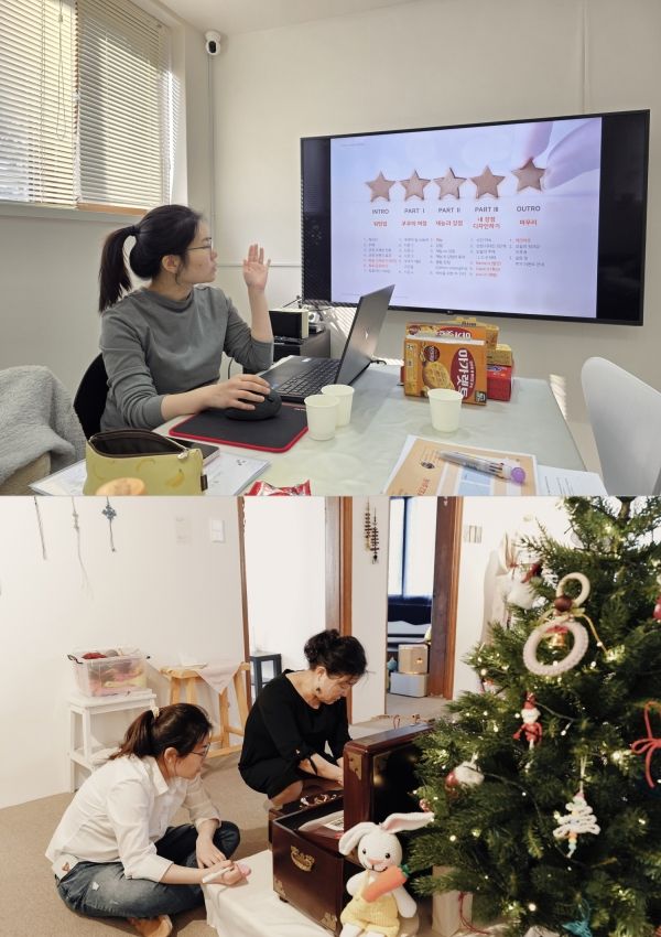 (위) 나의 강점을 이해하고 ‘내 일’을 디자인하는 시간으로 구성했던 ‘디자이너 강점 워크숍’ 당시. (아래) 공예 작가인 신경 대표 어머니의 환갑 기념 전시를 준비하던 모습. ⓒ파인드식스