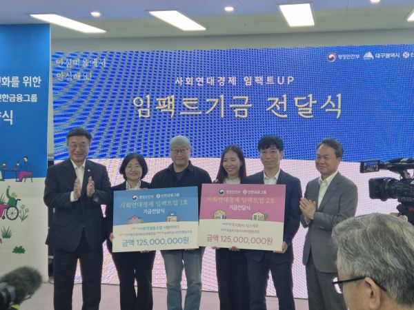 왼쪽부터 윤호중 행정안전부 장관, 동네 부엌 김영숙 이사, 사람이야기 조윤식 이사장, 마을학교 둥지 이정미 대표, 주식회사 식스에프 윤창교 대표, 신한은행 진옥동 회장사진제공=(주)식스에프