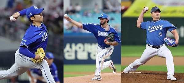 삼성 라이온즈 베테랑 좌안 백정현이 부상을 당하며 PO를 4일 앞두고 엔트리에서 말소될 위기에 처했다. 사진은 왼쪽부터 백정현, 코너 시볼드, 오승환의 모습. /사진=뉴스1