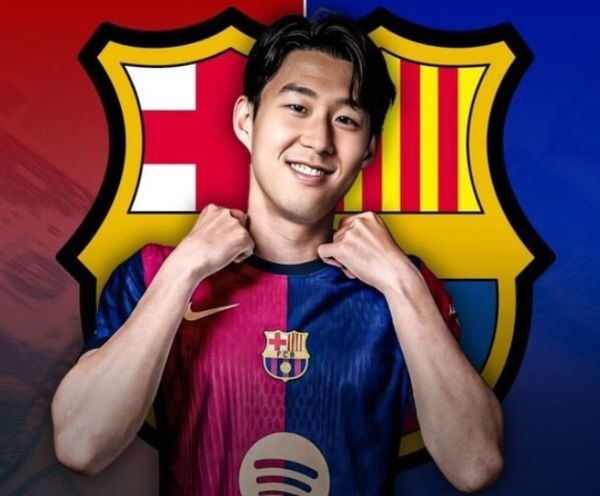 주장 손흥민이 소속팀 토트넘 홋스퍼와 계약이 끝난 뒤 FC바르셀로나로 이적할 수 있다는 보도가 나왔다. 사진은 손흥민과 바르셀로나 유니폼을 합성한 모습. /사진=SNS 캡처