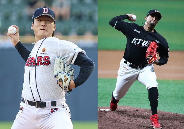 2일 오후 6시30분 와일드카드 1차전이 서울 잠실야구장에서 열린다. 사진은 왼쪽부터 곽빈(두산), 쿠에바스(KT)가 역투하는 모습. /사진=뉴스1