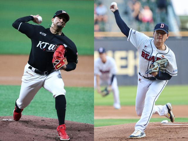 5취 결정전 끝에 와일드카드에 진출한 KT위즈가 4위 두산 베어스를 상대한다. 사진은 지난 7월17일 서울 구로구 고척스카이돔에서 투구 중인 KT위즈 윌리엄 쿠에바스(왼쪽)과 지난 8월6일 서울 송파구 잠실야구장에서 투구 중인 두산 베어스 곽빈의 모습. /사진=뉴스1