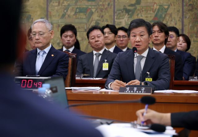 김병철 대한체육회 스포츠공정위원장이 정몽규 대한축구협회 회장으로부터 골프 접대를 받았다는 의혹을 강하게 부인했다. 사진은 지난달 24일 서울 여의도 국회에서 열린 문화체육관광위원회 현안질의에 참석한 정몽규 대한축구협회회장과 관계자들. /사진=뉴시스