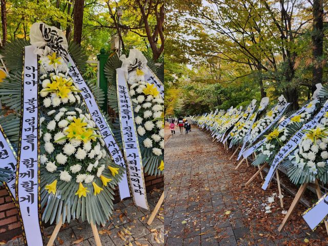 자녀의 학폭 논란이 불거진 경기 성남시 시의원이 사퇴를 요구받았다. 사진은 23일 경기 성남시 분당에 위치한 한 초등학교 앞에 시의원 사퇴를 요구하는 근조화환이 모인 모습. /사진=뉴스1
