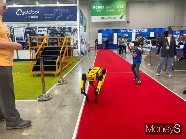 보스턴다이내믹스의 4족보행 로봇 '스팟'의 국내 판권을 가진 클로봇이 스팟을 시연하는 모습이다. /사진=김서연기자 