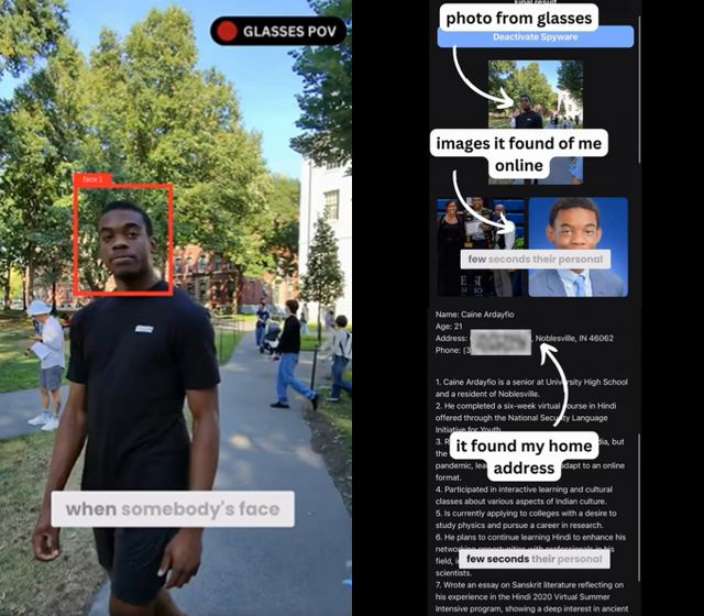 특수 안경을 착용하면 타인의 신상정보를 검색할 수 있는 신기술이 개발되면서 많은 관심이 쏟아졌다. 사진은 핌아이즈로 행인의 얼굴을 분석해 정보를 검색하는 예시 영상. /사진=안푸 응우옌 X계정 캡처