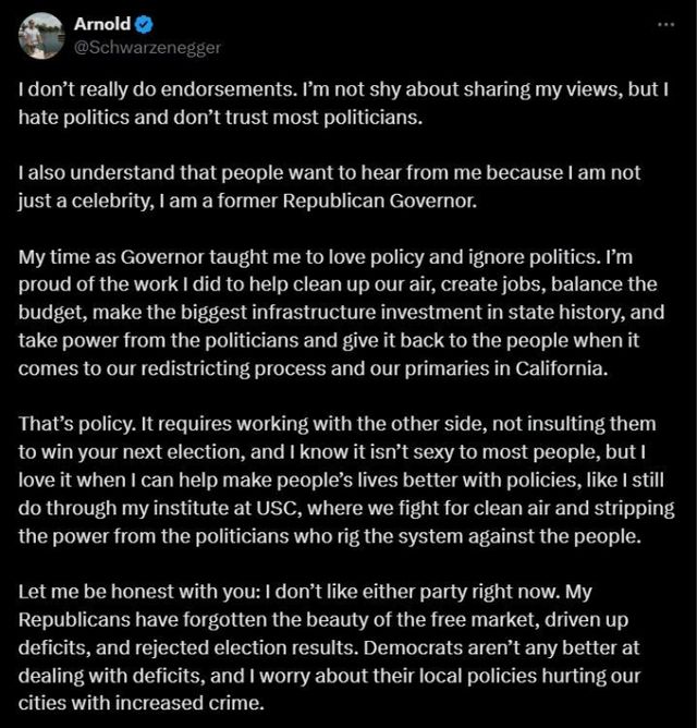 아놀드 슈워제네거가 도널드 트럼프 전 대통령을 맹비난했다. 사진은 아놀드 슈워제네거 엑스(X·옛 트위터) 전문. /사진=슈워제네거 X 캡처