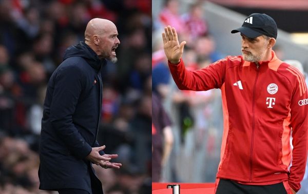 에릭 텐 하흐 맨체스터 유나이티드 감독 경질설이 다시 한 번 제기됐다. 사진은 왼쪽부터 텐 하흐 감독과 토마스 투헬 감독의 모습. /사진=로이터