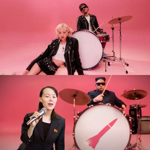 블랙핑크 로제와 브루노 마스가 부른 '아파트(APT)'가 북한 버전으로 개사됐다. 사진은 그룹 블랙핑크 로제가 브루노 마스와 부른 '아파트(APT)' 뮤직비디오 속 한 장면(위)과 유튜브에서 패러디 된 김정은 국무위원장과 김여정 노동당 부부장의 모습. /사진=더블랙레이블 제공·유튜브 화성인 릴도지 캡처