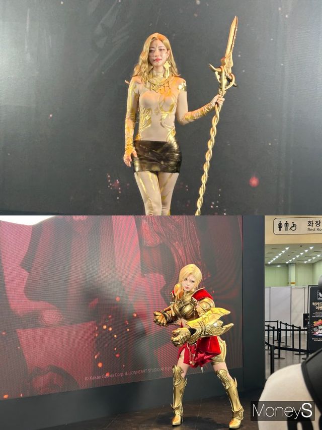 지스타 행사장 곳곳에서는 각종 게임 인기 캐릭터를 코스프레한 관람객들도 쉽게 찾아볼 수 있었다. 사진은 라이온하트 스튜디오 부스 포토존에서 게임 코스프레 모델이 포토타임을 진행하는 모습. /사진=김성아 기자