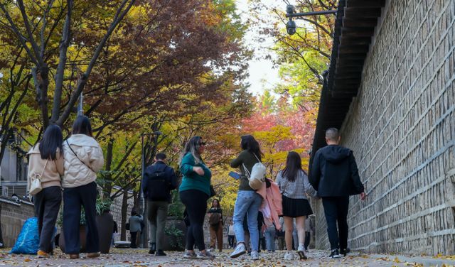 서울 중구 덕수궁 돌담길에 단풍이 물든 가운데 시민들과 외국인 관광객들이 늦가을 정취를 즐기고 있다. /사진=뉴스1