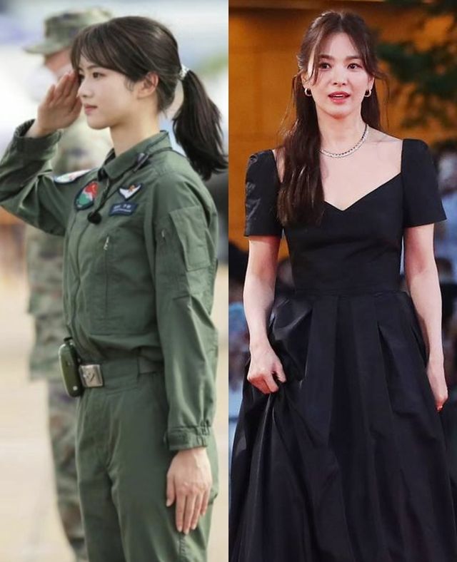 여성 군 조종사 모습(왼쪽)과 배우 송혜교 비교 모습. /사진=웨이보 캡처, 머니투데이