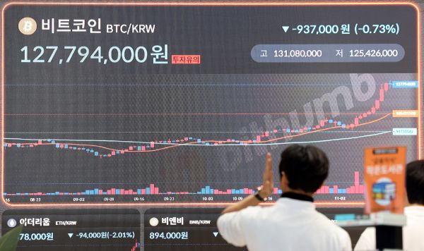 비트코인 가격이 사상 최고치를 경신했다. 사진은 지난 14일 오후 서울 서초구 빗썸라운지 전광판에 비트코인 가격이 표시된 모습. /사진=뉴시스