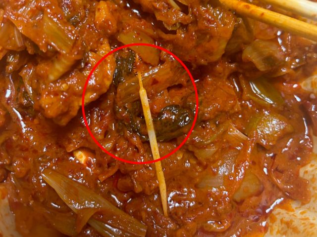 배달시킨 김치돼지볶음에서 '일회용 치간칫솔'이 나왔다는 사연이 전해졌다. /사진=온라인 커뮤니티 갈무리