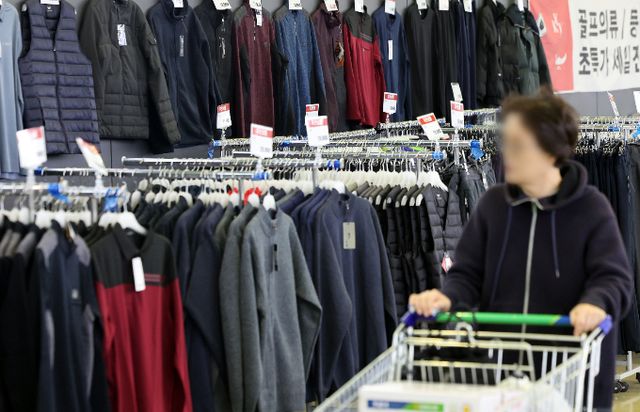 지난달 오프라인 매출이 전년 동월과 비슷한 수준이었지만 온라인 부문의 매출은 성장했다. 지난달 서울 소재 한 대형마트 의류매장 앞을 고객이 구경하고 있다. /사진=뉴스1