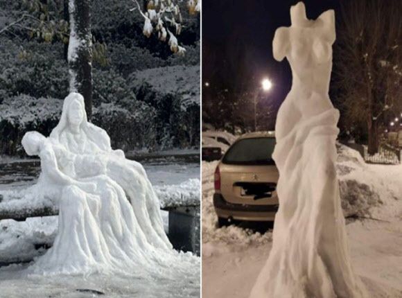 전국에 폭설이 쏟아진 가운데 눈으로 만든 조각상이 화제다. /사진=엑스(X·옛 트위터) 갈무리