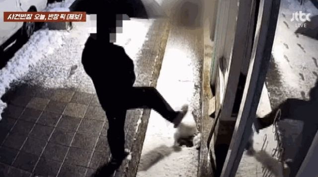 경기 부천시 한 디저트 카페 앞에 장식된 눈사람을 본 행인 두 명이 극과 극 반응을 보였다. 사진은 눈사람을 발로 차는 남성. /사진=JTBC '사건반장' 캡처