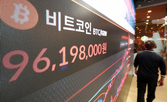  4일 오후 서울 서초구 빗썸라운지 시황판에 비트코인의 가격이 표시되고 있다. /사진-뉴스1