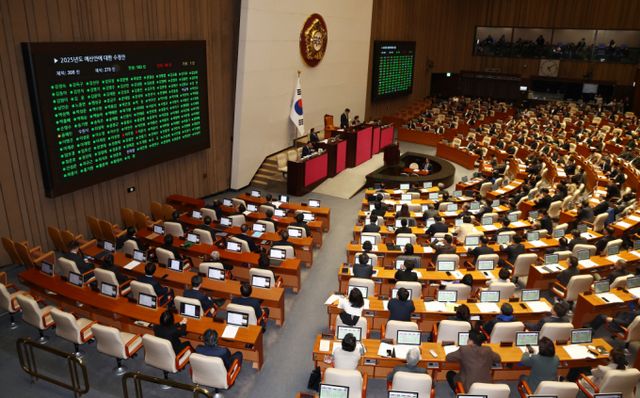 10일 오후 서울 여의도 국회에서 열린 본회의에서 '2025년도 예산안에 대한 수정안'이 재적 300인 중 재석 278인, 찬성 183인, 반대 94인, 기권 1인으로 통과되고 있다./사진=뉴스1 /사진=(서울=뉴스1) 김민지 기자
