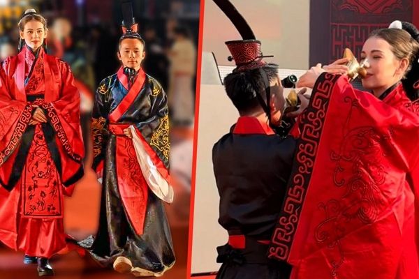 후난성 출신 티엔 준과 벨라루스 출신 모델 나메이가 결혼했다. 사진은 176㎝ 모델과 깜짝 결혼한 158㎝ 중국 남성의 모습. /사진=SCMP 캡처