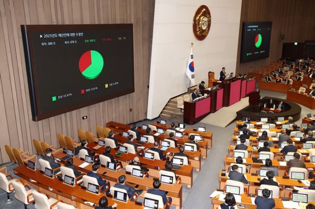 4조1000억원이 감액된 내년도 예산안이 10일 진행된 국회 본회의에서 재석 의원 278명 중 찬성 183명으로 통과됐다. 사진은 10일 서울 여의도 국회에서 열린 본회의에서 '2025년도 예산안에 대한 수정안'이 통과된 모습. /사진=뉴스1