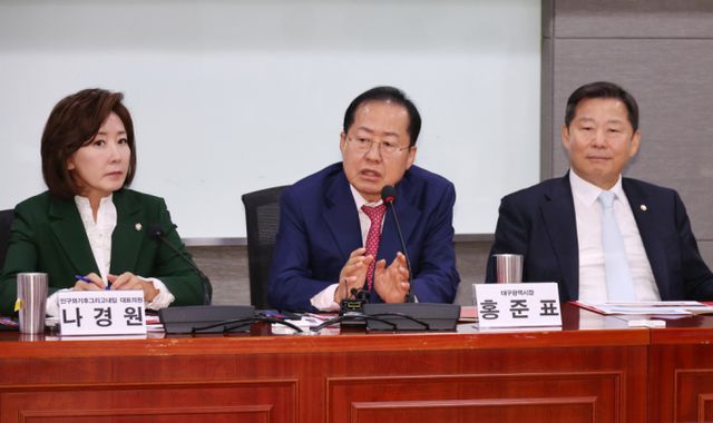 홍준표 대구시장이 한동훈과 레밍들 탄핵에 찬성하고 탈당하라고 말했다. 사진은 홍준표(가운데). /사진=뉴시스