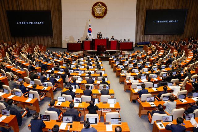 북한이 윤석열 대통령의 탄핵소추안 가결 사실을 뒤늦게 알렸다. 사진은 우원식 국회의장이 14일 오후 서울 여의도 국회에서 열린 제419회국회(임시회) 제4차 본회의에서 윤석열 대통령 탄핵소추안을 가결을 선언하고 있는 모습. /사진=뉴스1