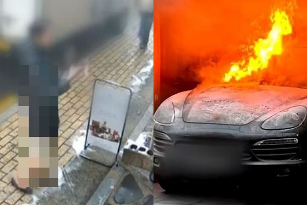 대형 항공사 여성 승무원이 불이 붙은 차량을 카페 주차장에 방치한 채 떠났다는 제보가 전해졌다. 사진 화재 직전 항공사 여성 승무원이 포르쉐에 물 한컵을 부은 뒤 휴대전화로 차량을 촬영하는 모습과 이후 화재가 난 포르쉐 차량. /사진=JTBC '사건반장' 캡처