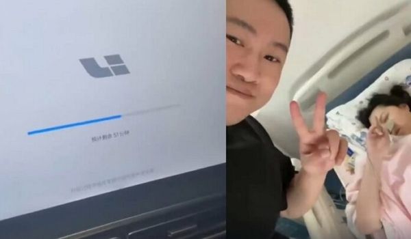 중국에서 임신부가 출산을 위해 전기차를 타고 병원에 가려고 했지만, 소프트웨어 업데이트 때문에 시동이 걸리지 않아 응급 수술을 받은 일이 전해졌다. 사진은 전기차 소프트웨어 시스템 업데이트 중인 모습과 출산 이후 건강한 부부의 모습. /사진=중국 SNS 더우인 캡처
