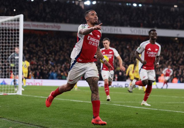 아스날FC 공격수 가브리엘 제수스가 크리스털 팰리스와의 카라바오컵 8강에서 해트트릭을 기록했다. 사진은 19일(한국시각) 잉글랜드 런던 에미리트 스타디움에서 열린 2024-25 카라바오컵 8강에서크리스털 팰리스를 상대로 해트트릭에 성공한 가브리엘 제수스의 모습. /사진=로이터