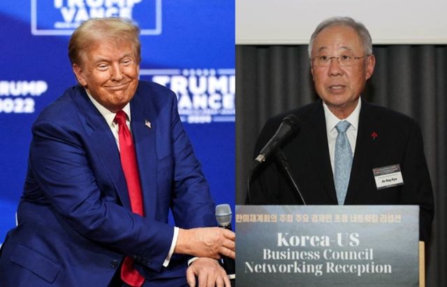 도널드 트럼프 미국 대통령 당선인이 자신의 취임식에 류진 풍산그룹 겸 한국경제인협회 회장을 초청해 참석 여부를 검토 중이다. 사진은 왼쪽부터 트럼프, 류 회장의 모습. /사진=로이터(왼쪽), 뉴시스