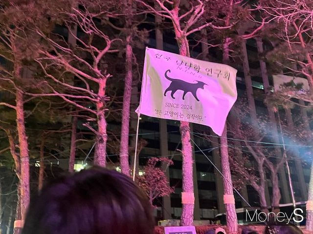 시위 현장에 등장한 전국 냥냥학 연구회. /사진=박정은 기자