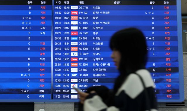 역대급 고환율에 여행업계가 고심하고 있다. 장기적인 소비 위축 등으로 확대될 것을 우려해서다. 사진은 인천국제공항 제1여객터미널 도착층 전광판 모습. /사진=뉴시스